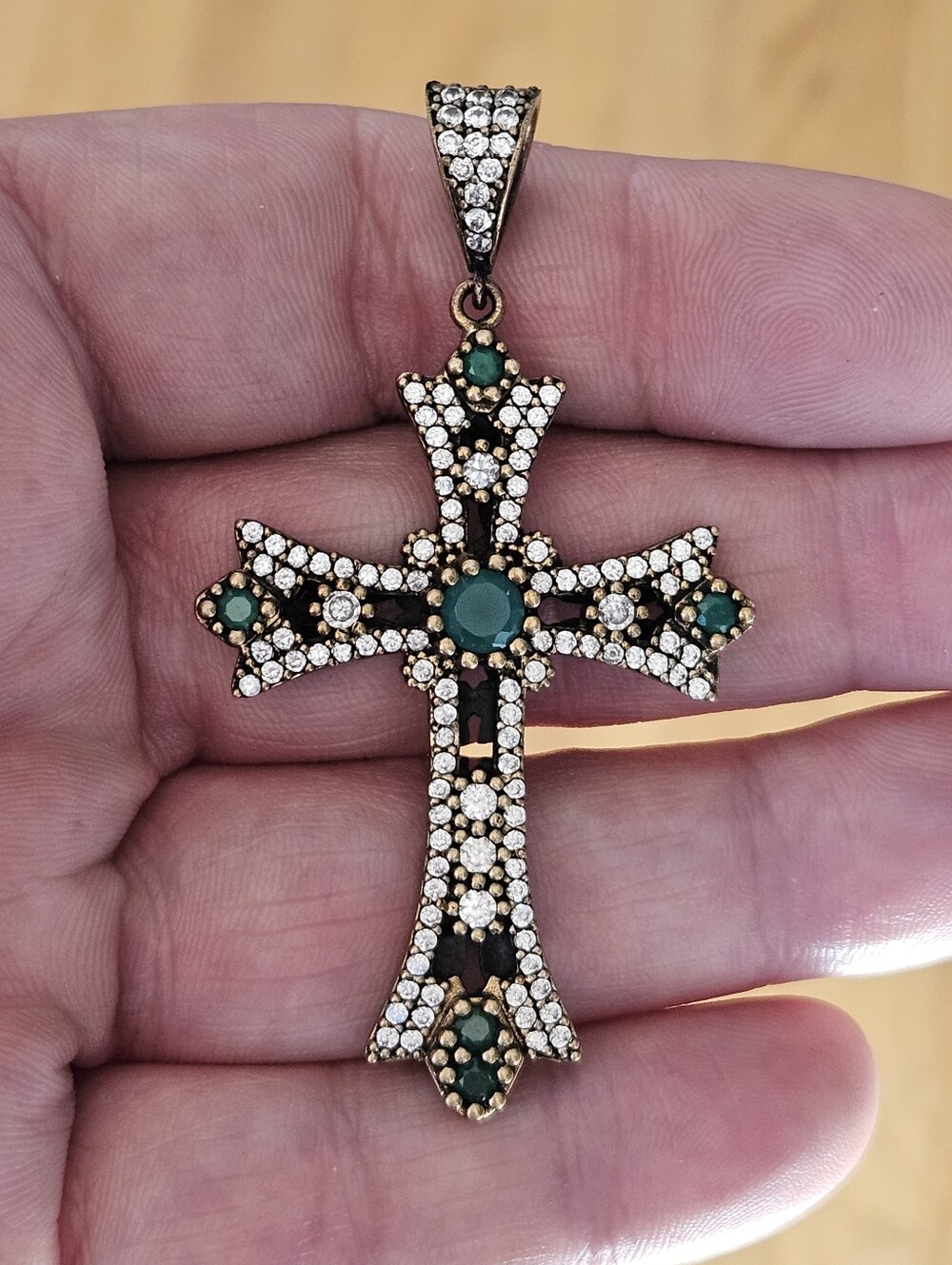 Vintage Two-Tone 925 Sterling Gold Emerald Green Stone Statement Cross Pendant